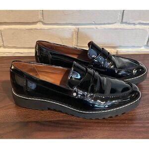 Franco Sarto Cassandra Black Patent Penny Loafers Chunky Lug Sole Womens 8M